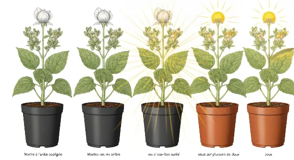 Trois plantes en pot illustrant l'exposition graduelle au soleil : ombre, mi-ombre, puis soleil doux.