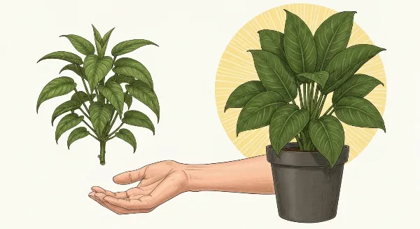 Une plante d'intérieur en pot déplacée doucement vers l'extérieur pour son acclimatation au soleil.