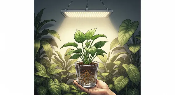 Une main ajustant une lampe LED horticole au-dessus d'une plante d'intérieur verte en pot, symbolisant l'optimisation de l'éclairage.