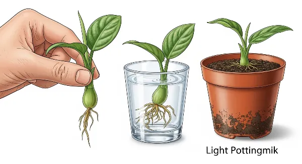 Multiplication facile du Chlorophytum : bouturage d'une plantule dans l'eau et en terreau