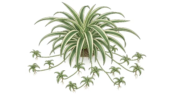 Chlorophytum (plante araignée) en pleine santé, feuilles panachées, lumière indirecte