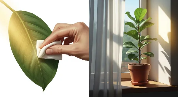 Nettoyage de feuille de plante d'intérieur et filtration de lumière naturelle