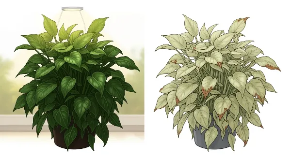 Plante d'intérieur saine et plante stressée par la lumière, avec fenêtre et lampe LED