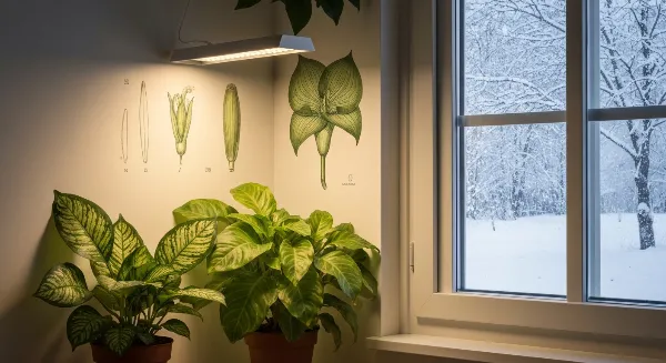 Plante d'intérieur saine sous une lampe horticole LED en hiver