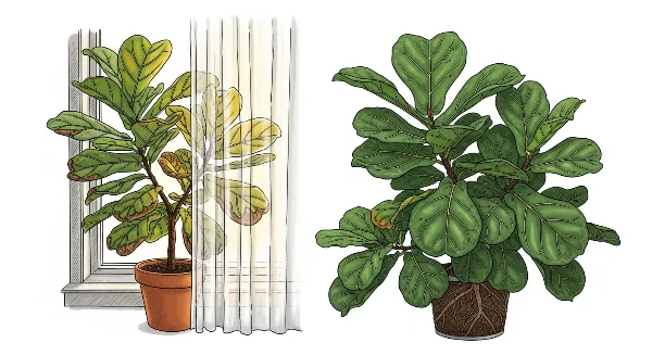 Comparaison de plantes d'intérieur : une brûlée près de la fenêtre, une saine plus éloignée