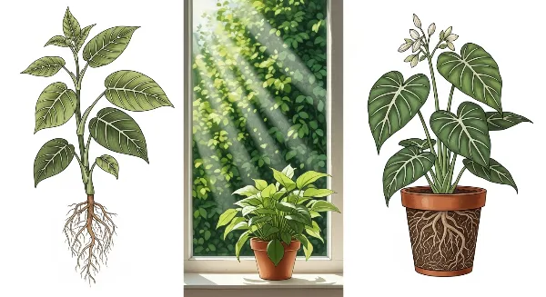 Plante d'intérieur verte en pot près d'une fenêtre, recevant une lumière tamisée