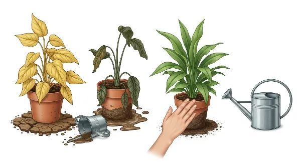 Une plante d'intérieur avec des feuilles jaunies à côté d'une plante saine, symbolisant les erreurs et les succès d'entretien.