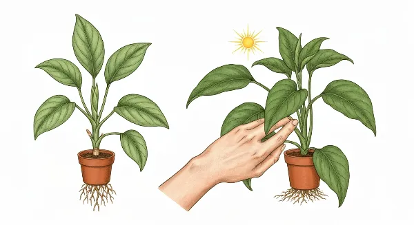 Une plante d'intérieur avec des feuilles jaunies et pâles, examinée par une main, symbolisant un problème de santé végétale.