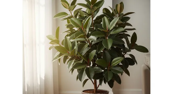 Grand Ficus Elastica avec des feuilles vertes brillantes, baigné par une lumière indirecte filtrée dans un salon moderne.