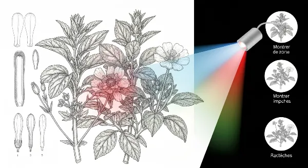 Spectre lumineux bleu, rouge et blanc d'une lampe LED horticole influençant la croissance d'une plante.