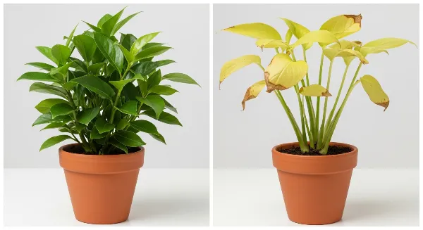 Comparaison visuelle de plantes d'intérieur : une saine et une stressée par un éclairage inadéquat.