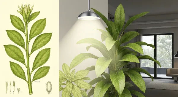 Plante d'intérieur verte et luxuriante sous une lampe LED horticole à spectre complet.