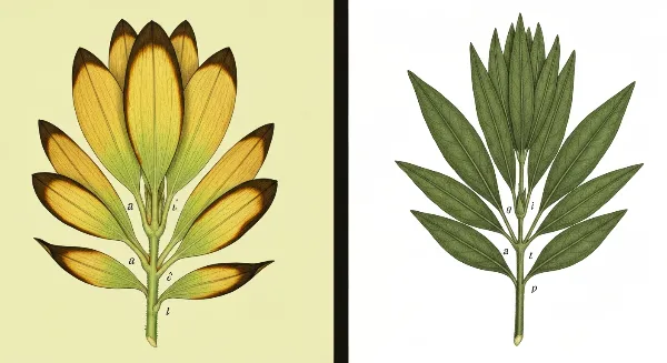 Plantes montrant des signes de stress lumineux (brûlures) et d'étiolement (manque de lumière)