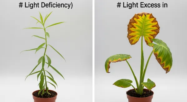 Plantes d'intérieur montrant des signes de manque (étiolement) et d'excès (brûlures) de lumière