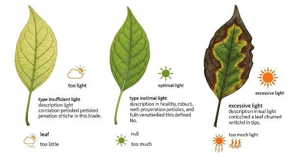 Feuilles de plantes montrant des signes de carence (jaunissement, étiolement) et d'excès (brûlures, taches brunes) de lumière.
