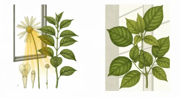 Plante d'intérieur recevant une lumière indirecte douce près d'une fenêtre avec voilage, contrastant avec une plante exposée au soleil direct.