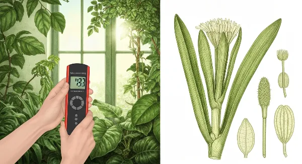 Personne mesurant la lumière d'une plante d'intérieur avec un luxmètre