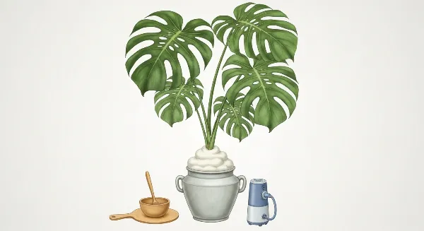Monstera grimpant sur un poteau de mousse avec un arrosoir et un vaporisateur, illustrant l'entretien