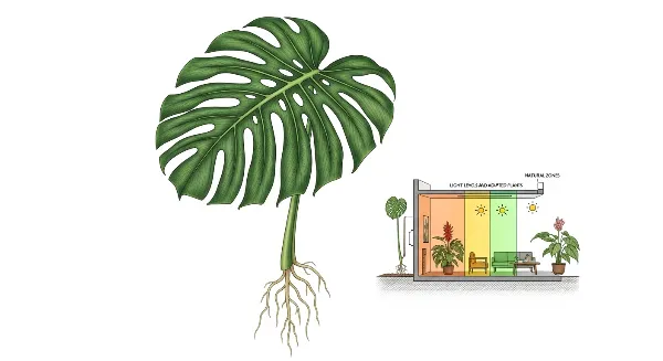 Schéma des niveaux de luminosité intérieure : lumière directe, tamisée, mi-ombre et ombre, avec des exemples de plantes.