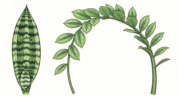 Plantes d'intérieur purificatrices d'air et résistantes à l'ombre, comme la Sansevière et le Faux Zamier, dans un salon.