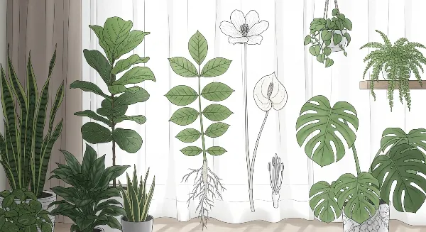 Plantes d'intérieur saines dans des conditions de lumière variées, avec des zones d'ombre et de lumière tamisée.