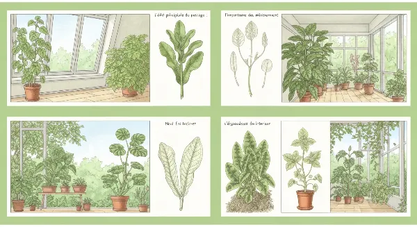 Schéma des orientations de fenêtres (Nord, Sud, Est, Ouest) et leur impact sur les plantes d'intérieur