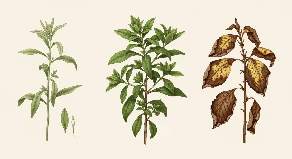 Comparaison visuelle d'une plante étiolee par manque de lumière, une plante brûlée par excès de soleil et une plante saine avec une lumière optimale.