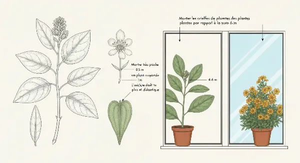 Illustration des distances de placement des plantes par rapport à une fenêtre et l'utilisation d'un voilage pour la protection solaire.