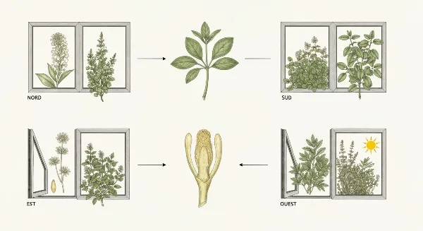 Schéma des quatre orientations de fenêtre (Nord, Sud, Est, Ouest) avec des plantes d'intérieur adaptées à chaque type de lumière.