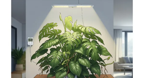 Plante d'intérieur verte et luxuriante sous une lampe LED horticole unique, symbolisant une croissance optimale.