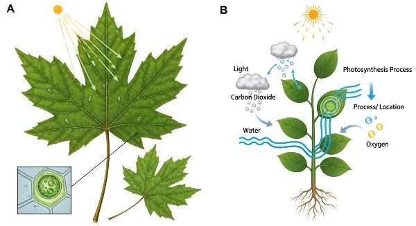 Schéma simplifié de la photosynthèse montrant l'absorption de lumière par une plante et la libération d'oxygène.