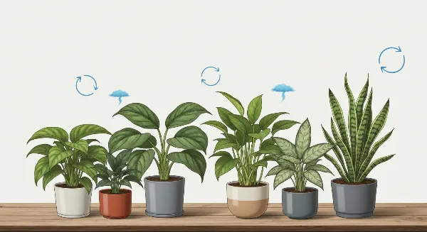 Assortiment de plantes d'intérieur dépolluantes comme le Spathiphyllum et le Pothos, améliorant la qualité de l'air du bureau.
