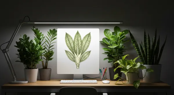 Bureau moderne avec plantes d'intérieur sous lumière artificielle LED, créant une ambiance de travail apaisante et productive.