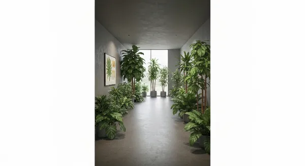 Plantes d'intérieur variées dans un couloir sombre mais élégant