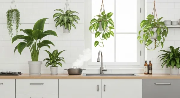 Plantes d'intérieur dans une cuisine, Spathiphyllum et Pothos, purifiant l'air et absorbant la vapeur.