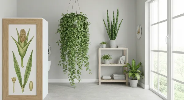 Salle de bain moderne avec diverses plantes d'intérieur luxuriantes et verdoyantes