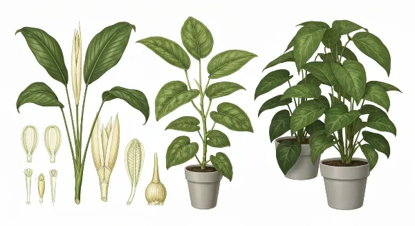 Assortiment de plantes d'intérieur vertes et luxuriantes dans un coin de pièce avec une faible lumière indirecte.