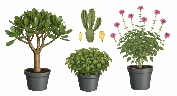 Assortiment de plantes d'intérieur résistantes au soleil, incluant succulentes, cactus et herbes aromatiques.