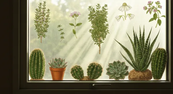 Variété de plantes d'intérieur s'épanouissant sur un rebord de fenêtre en plein soleil derrière une vitre.