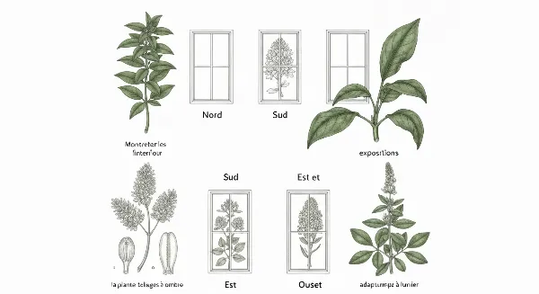 Schéma montrant le placement optimal des plantes d'intérieur selon l'orientation des fenêtres (Nord, Sud, Est, Ouest).