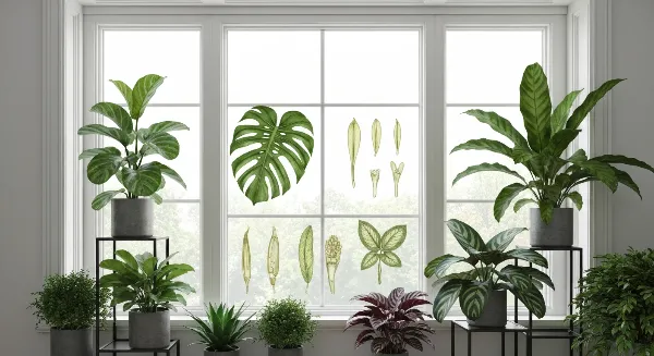 Plantes d'intérieur luxuriantes près d'une fenêtre nord, recevant une lumière douce et indirecte.