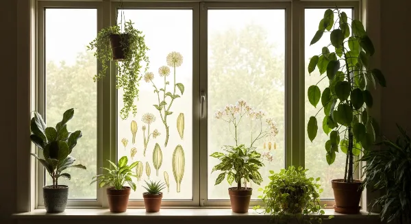 Plantes d'intérieur variées prospérant devant une fenêtre sud ensoleillée