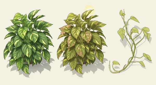 Comparaison de Pothos sous différentes lumières : indirecte, directe et faible