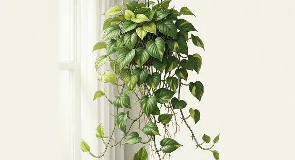 Pothos vert et jaune éclatant, recevant une lumière indirecte douce près d'une fenêtre