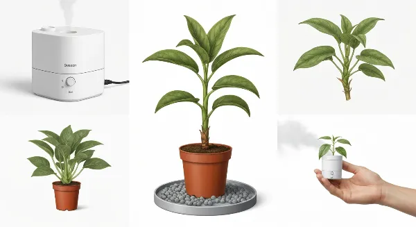 Solutions pour augmenter l'humidité des plantes : humidificateur, galets et brumisation.