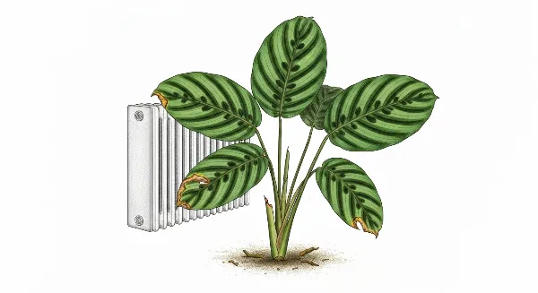Plante d'intérieur avec feuilles sèches près d'un radiateur, symbolisant les risques du chauffage.
