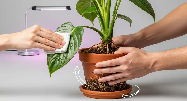 Personne faisant pivoter une plante et nettoyant ses feuilles pour optimiser la lumière