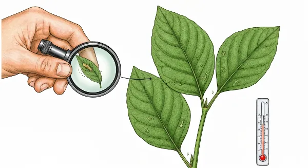 Inspection des feuilles d'une plante d'intérieur pour détecter parasites et maladies