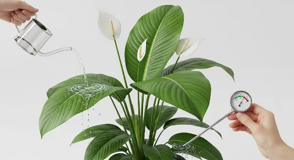 Arrosage d'un Spathiphyllum avec un arrosoir et vérification de l'humidité du sol avec un humidimètre.