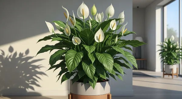 Spathiphyllum (Lis de la Paix) en pot, avec des feuilles vertes brillantes et des fleurs blanches, dans un intérieur avec lumière indirecte.